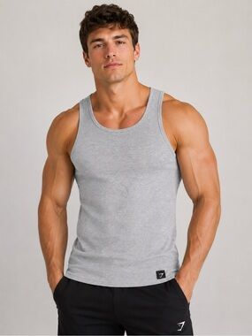 Gymshark Heather Grey Ribbed Tank Top Men’s Small Stretch Cotton Blend Gym